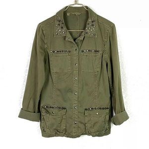 Guess Los Angeles Womens S Army Green Snap Front Jacket Studs Jewels Long Sleeve
